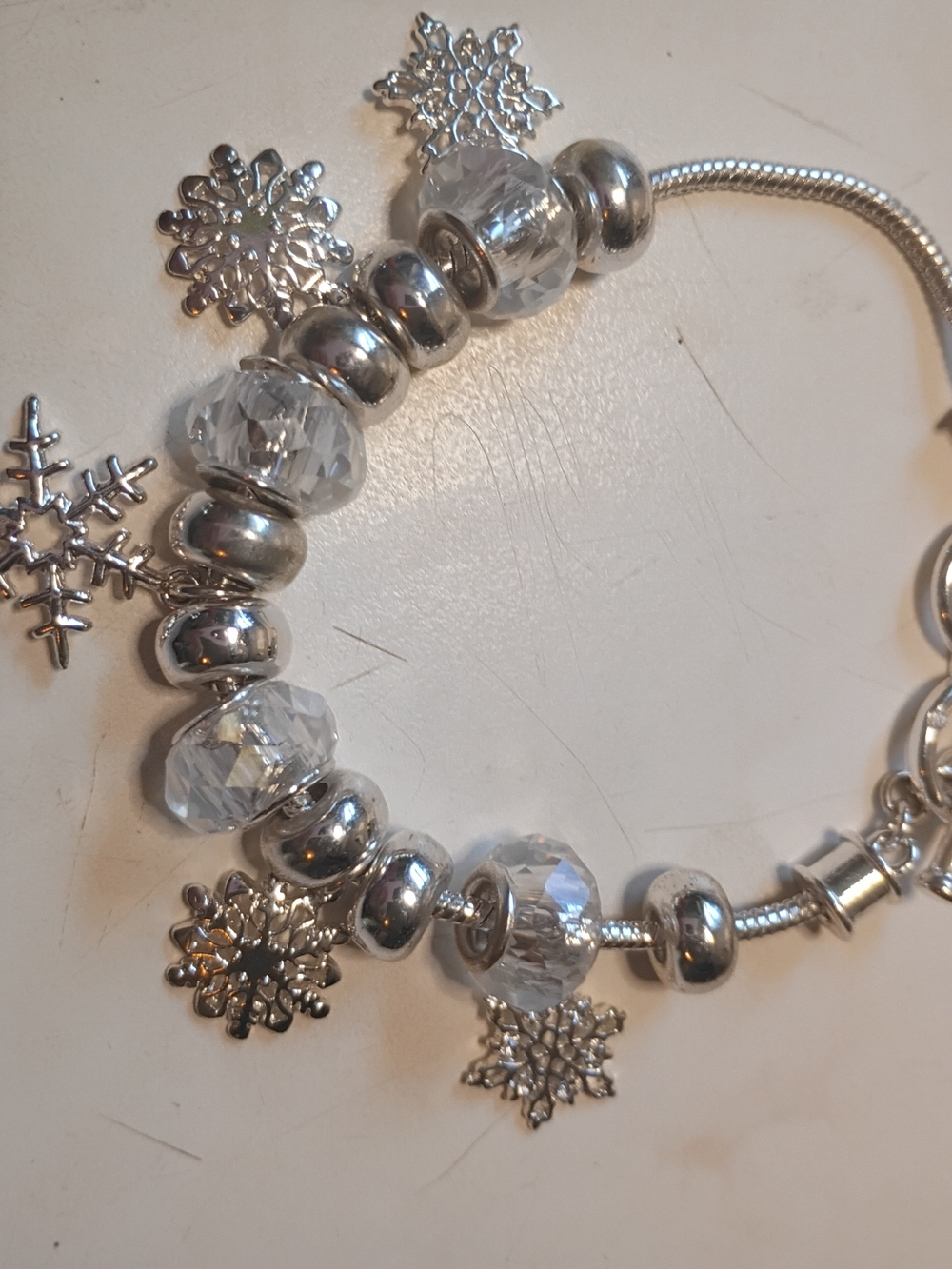 Silver Snowflake Charm Bracelet with Clear Crystal Beads